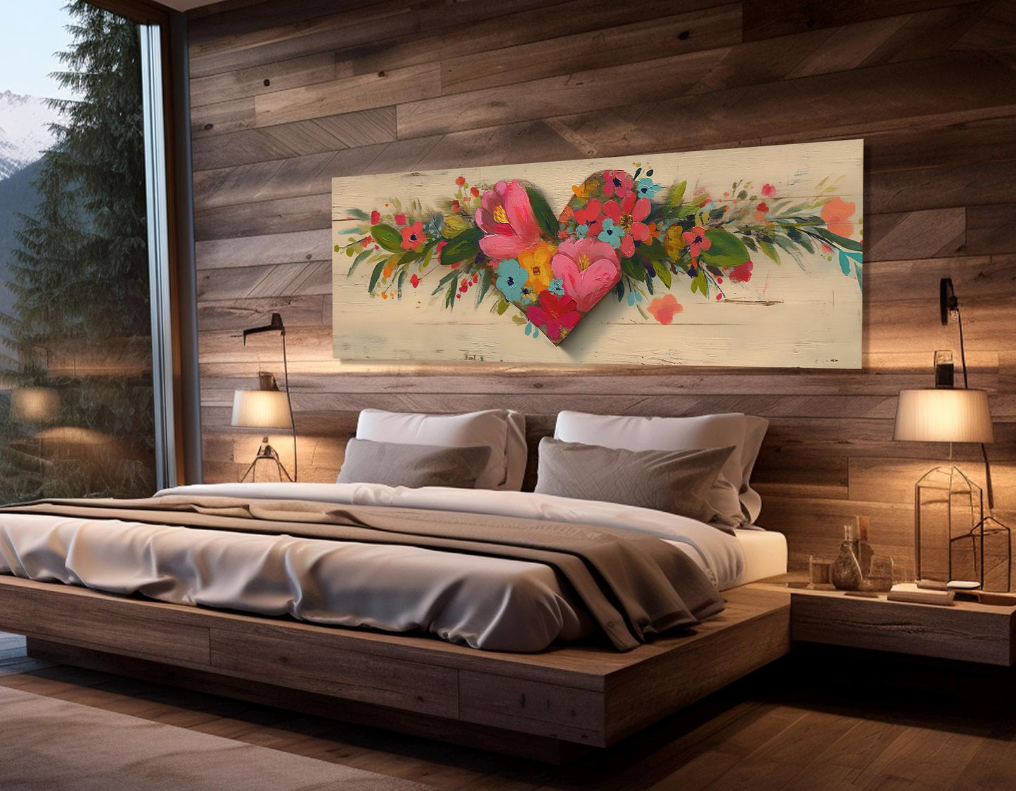 Rustic Floral Heart Canvas - Framed Gallery Wrapped Wall Art, Ready to Hang