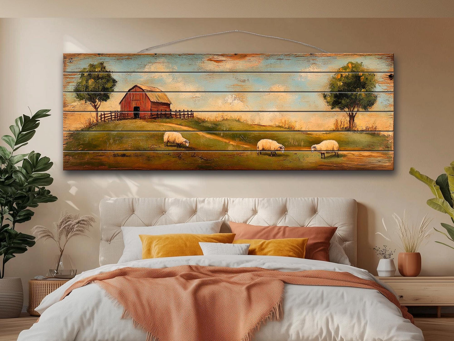 Rustic Wooden Wall Art - Sheep Grazing Print on Natural Wood for Cozy Cabin Decor