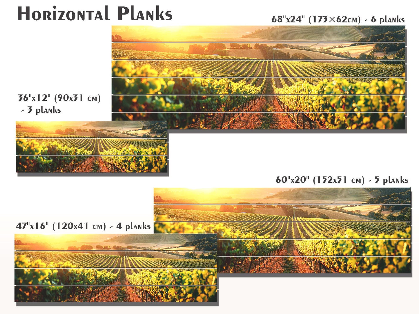 Vineyard Wood Print – Rustic Wood Wall Art with Sunlit Vineyard Landscape