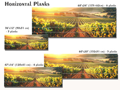 Vineyard Wood Print – Rustic Wood Wall Art with Sunlit Vineyard Landscape
