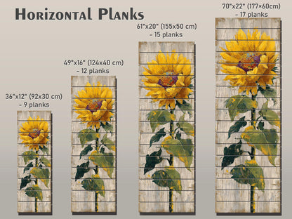 Rustic Sunflower Print on Natural Wood, Cozy Cabin Wall Decor, Wood Wall Art, Sunflower Painting, Vertical Floral Wall Art, Wood in Interior