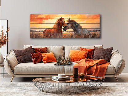 Wood Wall Art – Romantic Horse Couple Painting | Large Wooden Poster Decor