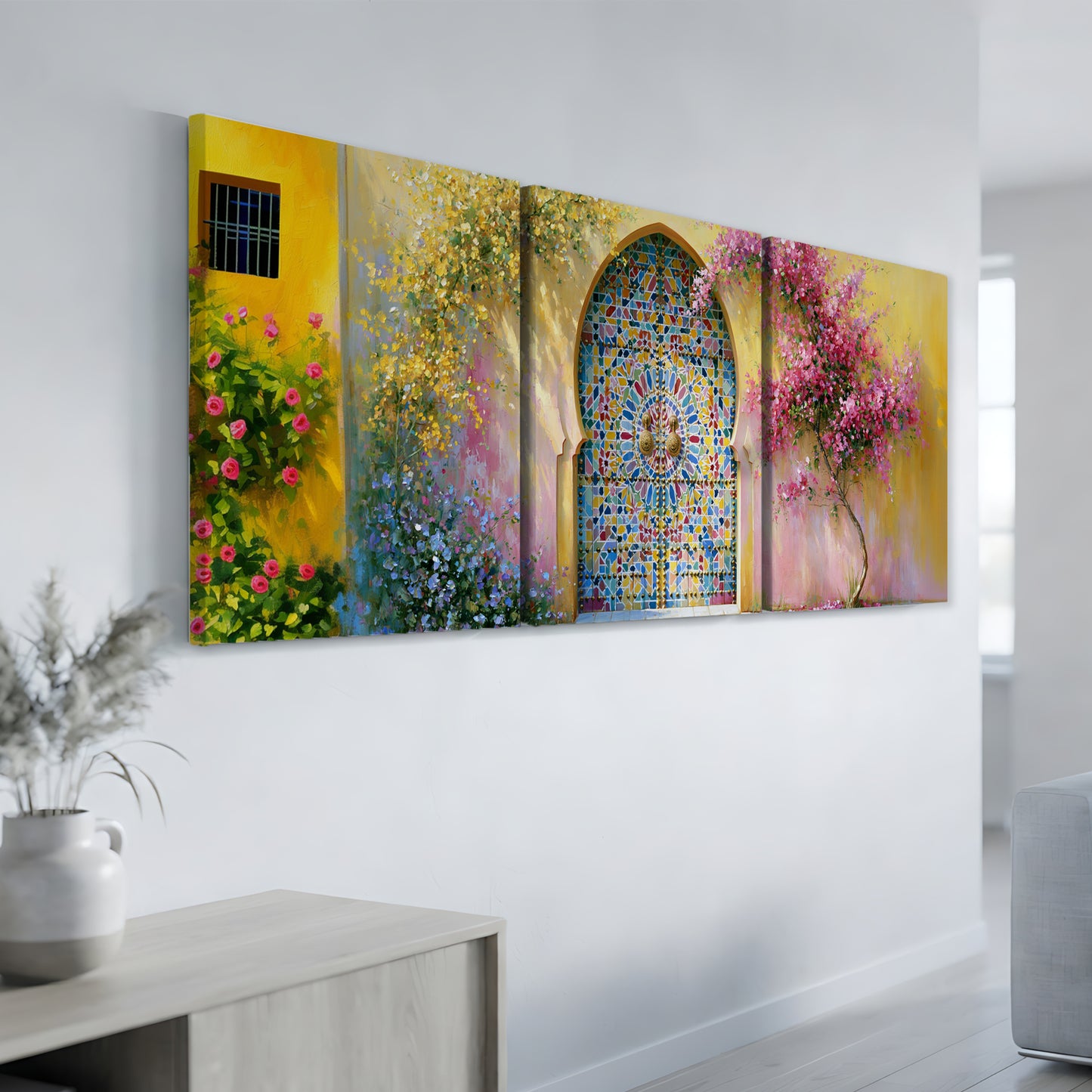 a vibrant and colorful painting of a stained glass window, a yellow building, and a pink flowering tree, all set against a white wall.