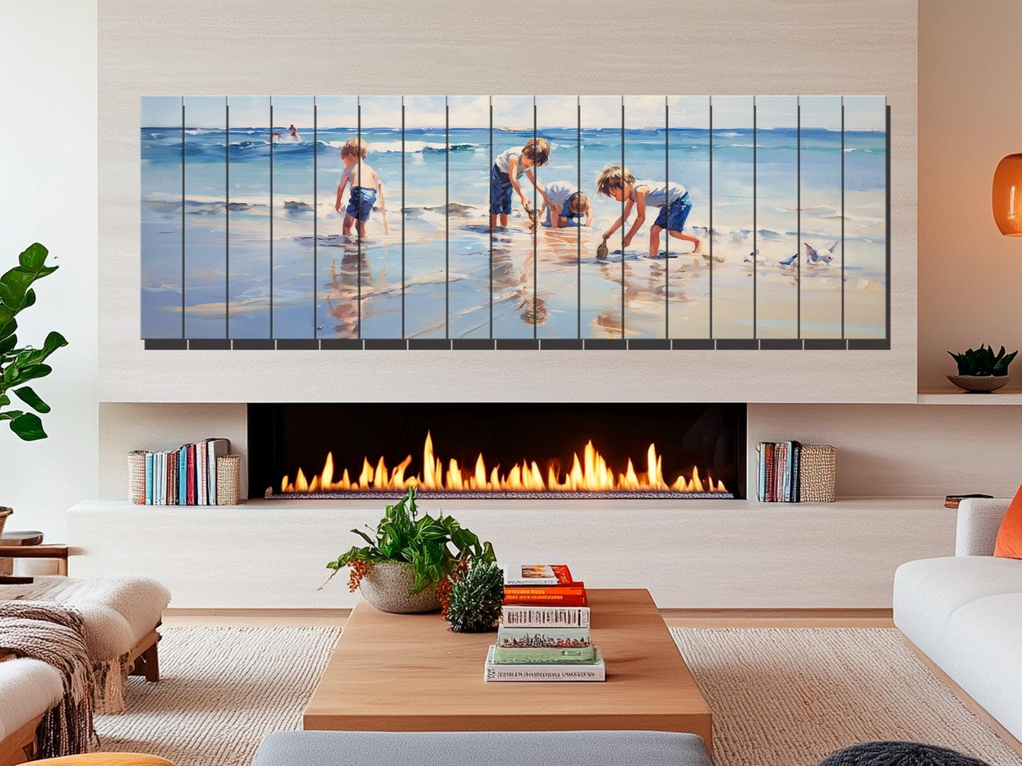 Wood Wall Art – Large Beach Wall Decor with Kids Playing on the Beach Print