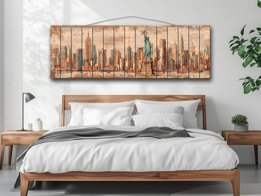 New York Skyline Wood Print – Vintage Panoramic Wall Art – Rustic Farmhouse Decor