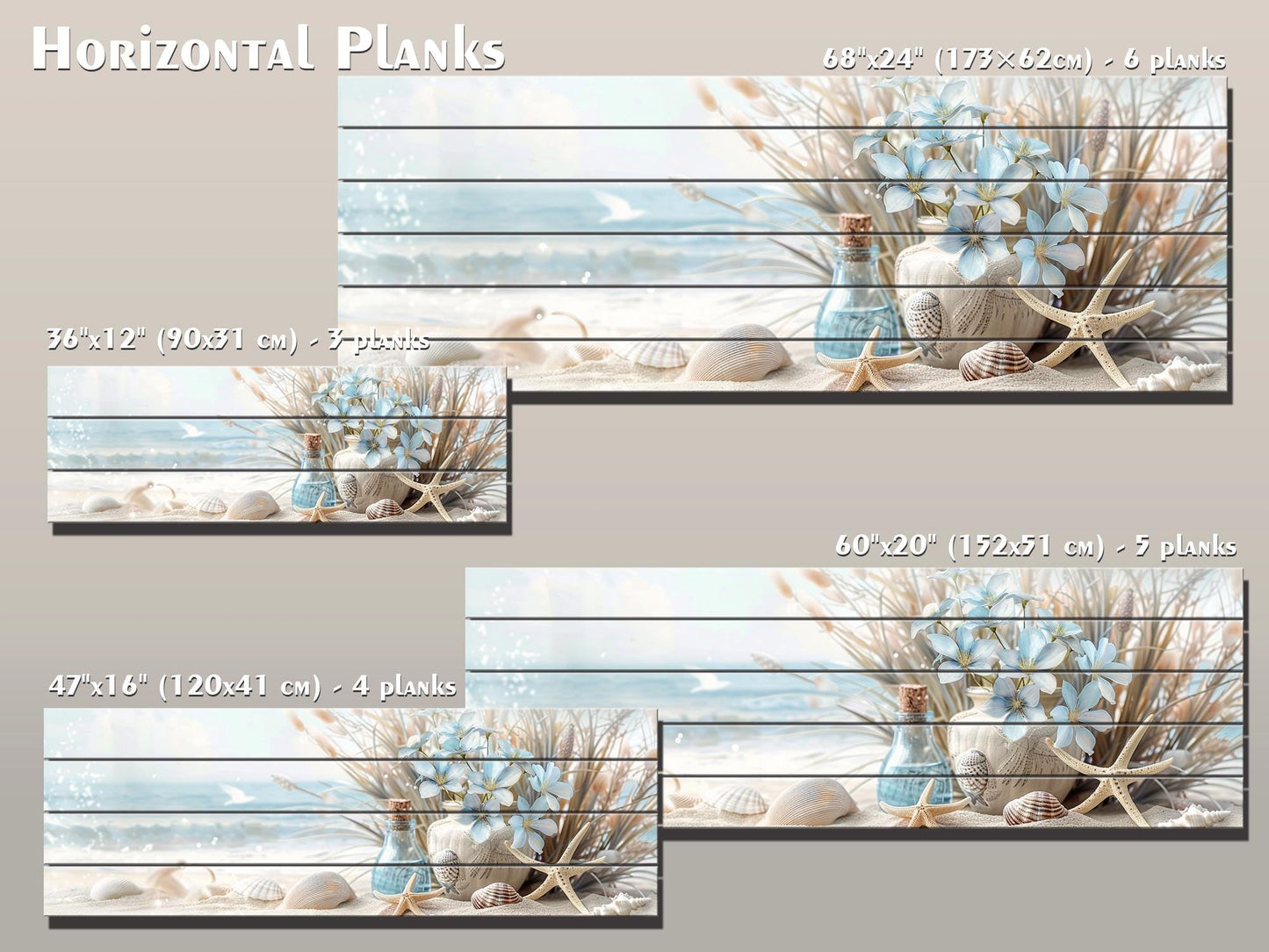 Wooden Wall Art – Coastal Beach Still Life Print on Natural Wood Planks