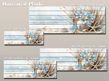Wooden Wall Art – Coastal Beach Still Life Print on Natural Wood Planks