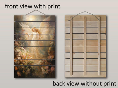 Angel Wood Print – Rustic Spiritual Art on Natural Wood Planks | Religious Wall Decor
