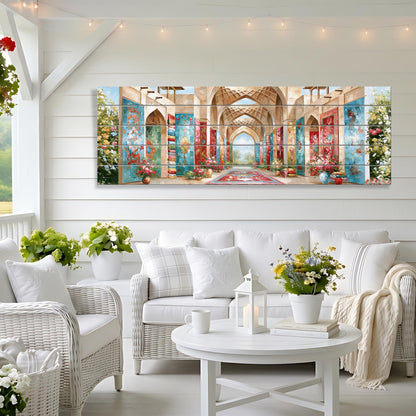 a cozy and inviting living room with a white color scheme and a large, colorful painting of an archway as the focal point. The room is furnished with a white sofa, wicker chairs, and a coffee table with a vase of flowers. The painting is hung on a white wall above the seating area, creating a harmonious and visually appealing space.