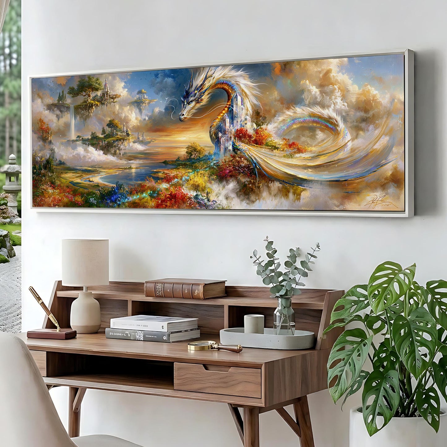 a large, colorful painting of a dragon-like creature soaring through a fantastical landscape, with a castle and other architectural elements in the background. The painting is displayed on a wall above a wooden desk, which has various items on it, including a lamp, books, and a vase with greenery.