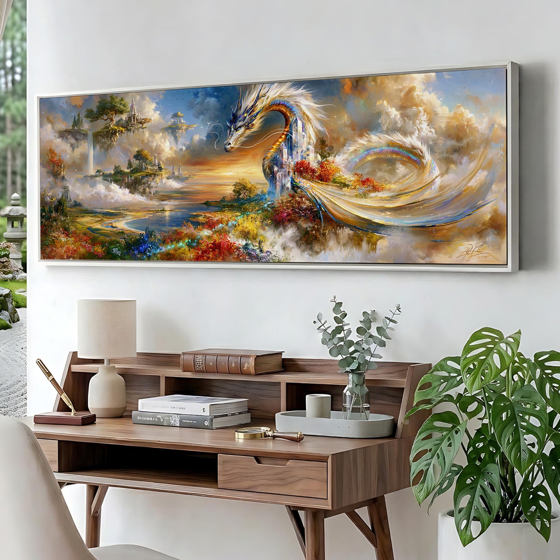 a large, colorful painting of a dragon-like creature soaring through a fantastical landscape, with a castle and other architectural elements in the background. The painting is displayed on a wall above a wooden desk, which has various items on it, including a lamp, books, and a vase with greenery.