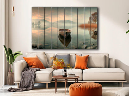 Boat on Misty Lake Print on Wood, Serene Nature Landscape, Rustic Mountain Wall Art