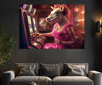 Casino Wall Art - Cow Playing Slots Print | Framed Canvas Ready to Hang