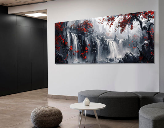 Waterfall Canvas Print – Large Scenic Wall Art With Red Trees, Framed & Ready to Hang