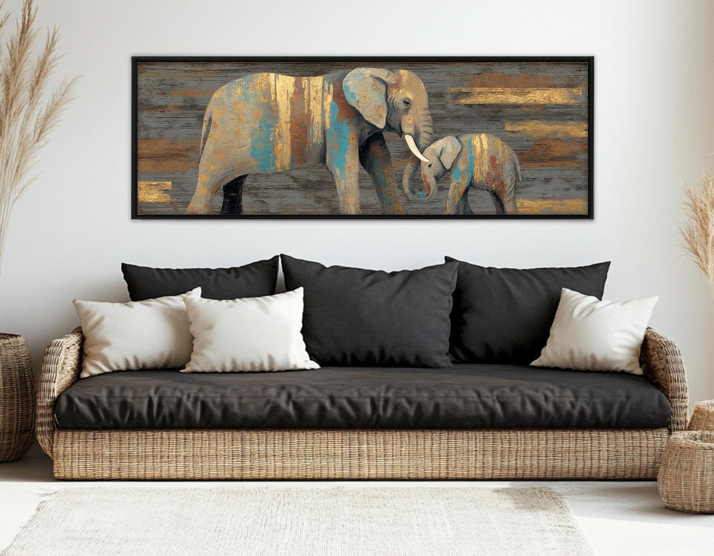 Elephants Wall Art – Rustic Mother Elephant Canvas Print | Ready to Hang Framed Decor