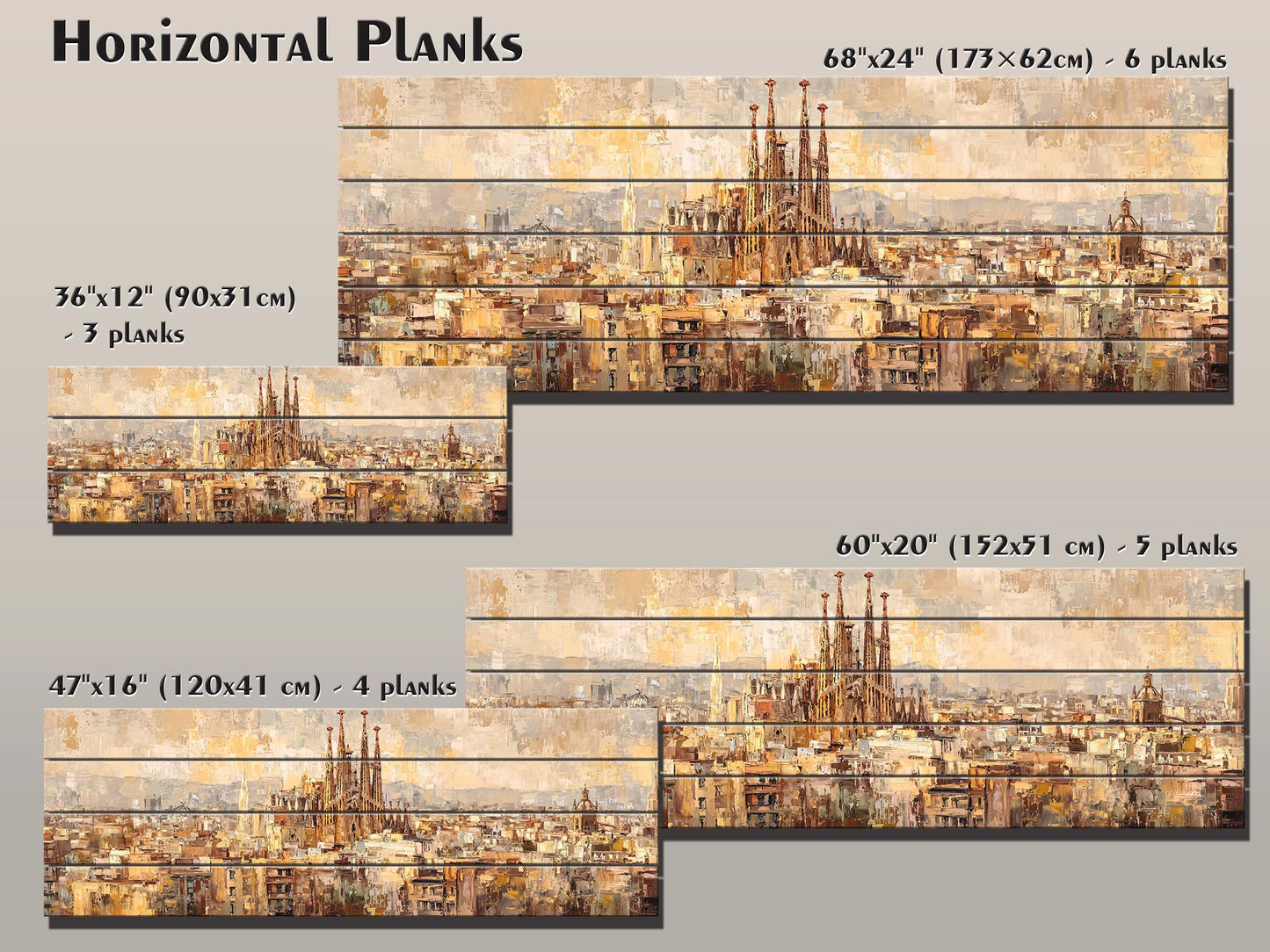 Barcelona Wall Art – Rustic Wood Print Featuring Sagrada Familia Beige & Gold Painting