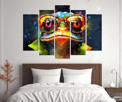 Frog in Glasses Abstract Painting Canvas Print, Teen Room Decor, Nursery Wall Art, Animals Wall Art, Framed and Ready to Hang