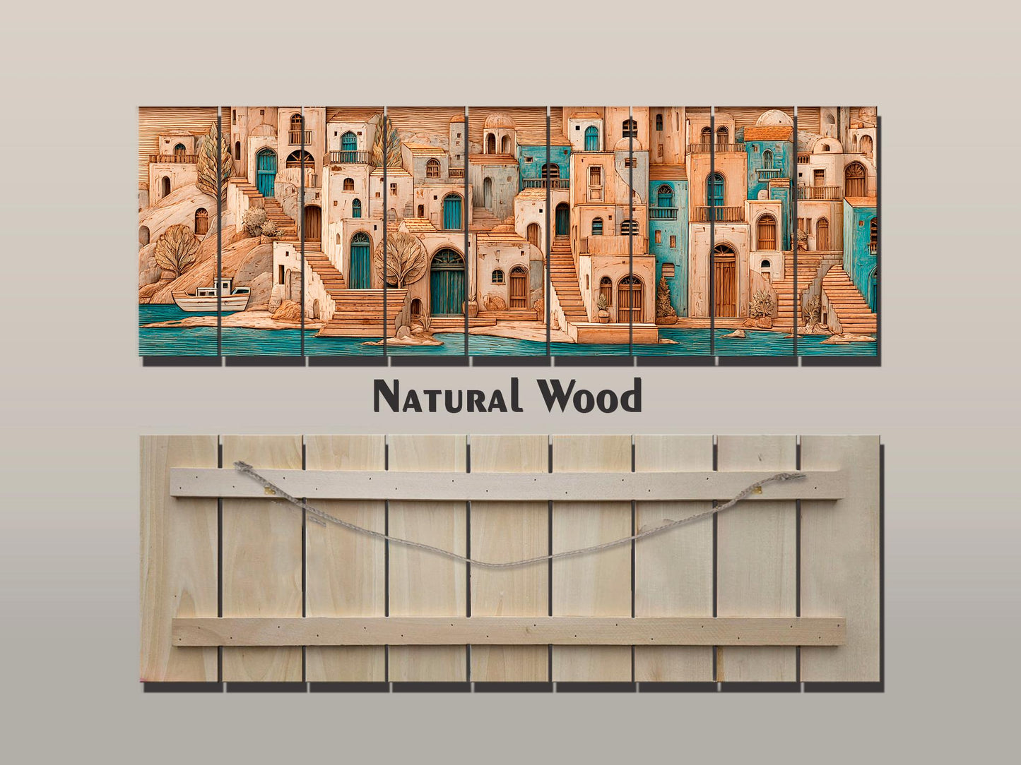 Mediterranean Wood Art - Rustic Coastal Wall Decor | Harbor Panorama Print