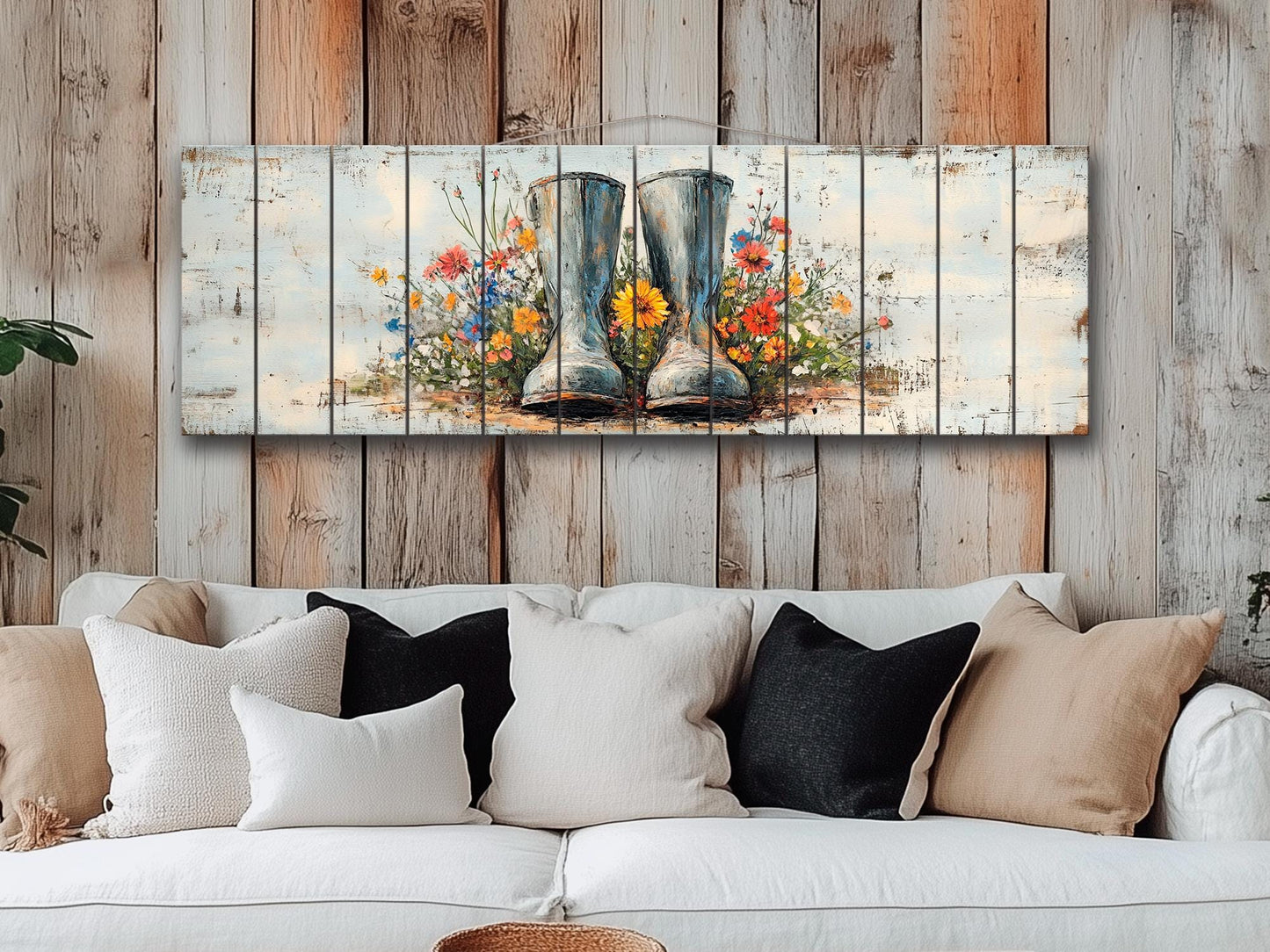 Rustic Wood Wall Art – Rain Boots Wall Art With Wildflowers Wood Print | Cozy Cabin Decoration