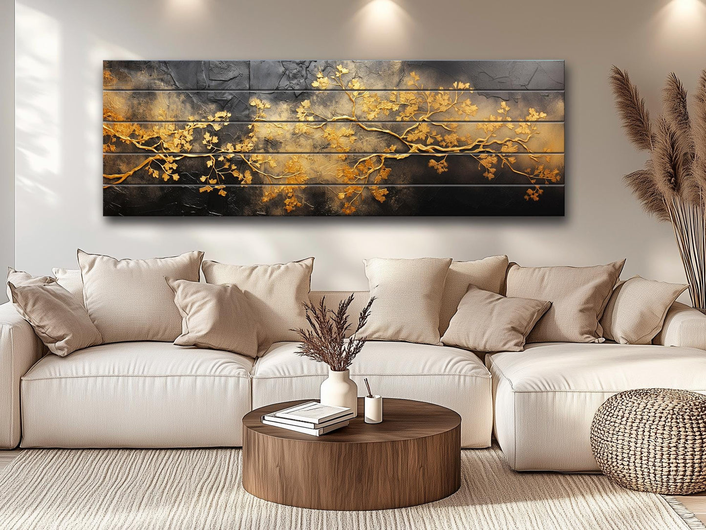 Wooden Wall Art – Gold Tree Branches Print on Natural Wood | Abstract Black & Gold Decor