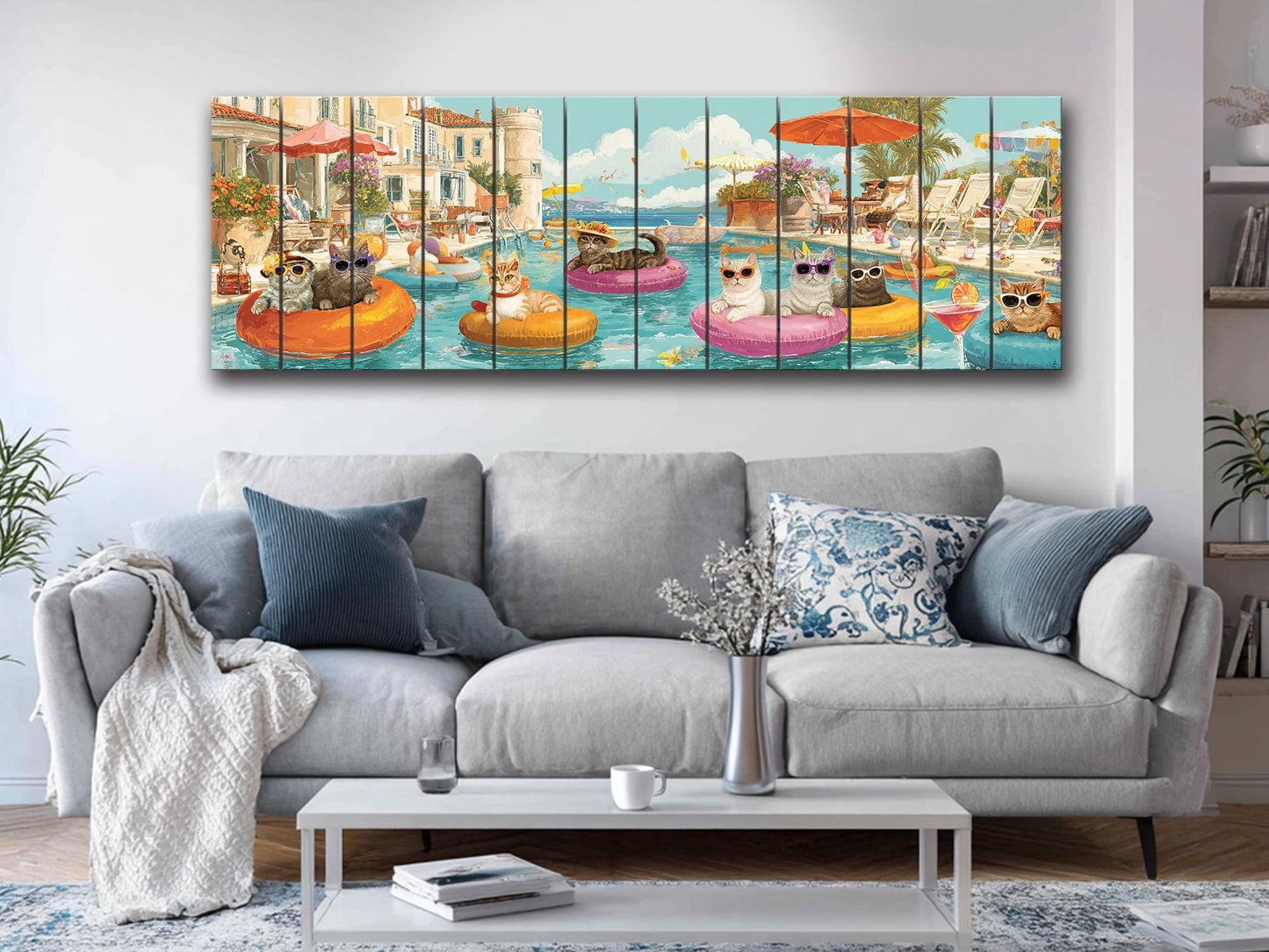 Cat Pool Party Print – Funny Summer Wall Art on Rustic Wood Decor