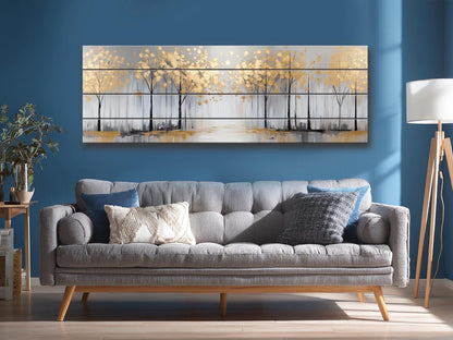 Winter Trees with Golden Leaves Print on Wood - Luxury Wall Art
