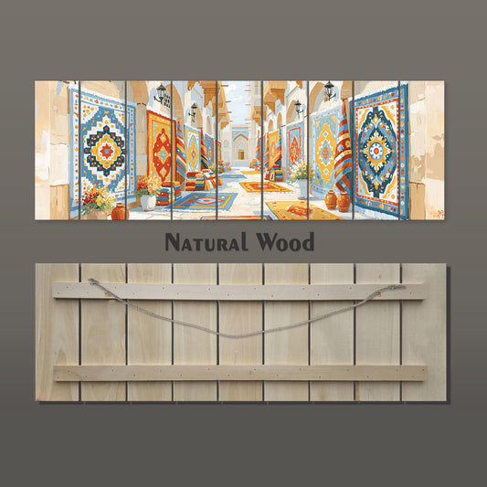 The image is a collage of several panels depicting a colorful and intricate interior scene, likely a carpet shop or a similar setting.