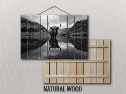 Wood Wall Art | Highland Cow Mountains Print on Natural Wood Planks - Rustic Farmhouse Decor