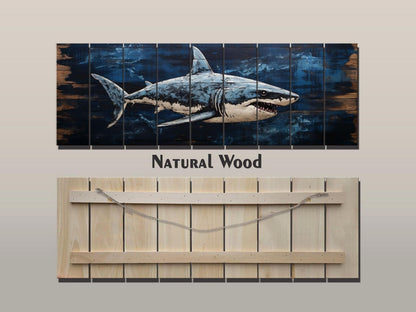 The image is a collage of two separate images. The top image is a large painting of a shark, while the bottom image is a wooden plank with a horizontal line.