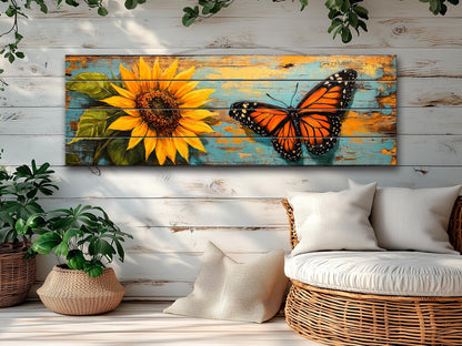 Wood Wall Art – Rustic Butterfly Wood Print & Sunflower Floral Decor Panel