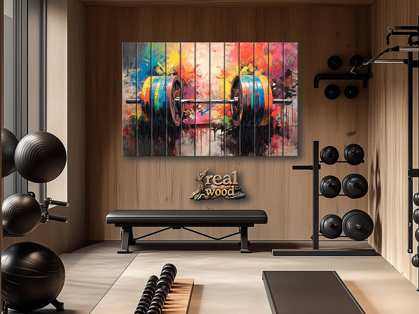 Barbell Wall Art – Abstract Wood Plank Painting | Gym Wall Decor, Motivational Gym Poster