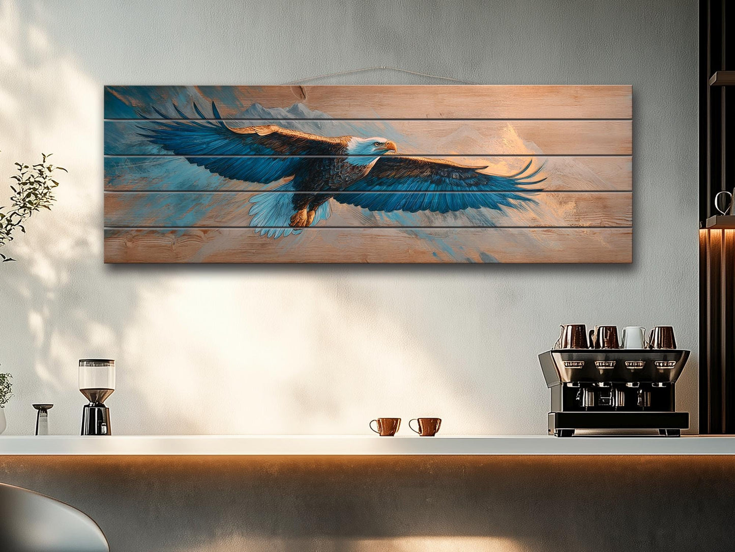 Majestic Eagle Soaring Over Mountain Peaks Print on Natural Wood, Eagle Painting, Birds Wall Art, Rustic Eagle Wood Wall Art, Eagle Print