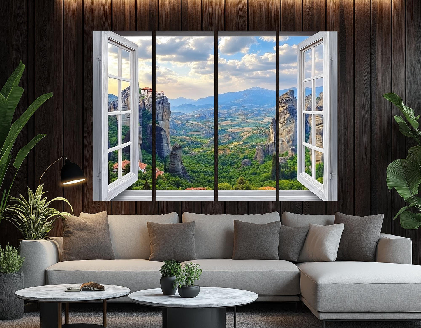 Greece Canvas Print – Open Window Wall Art of Meteora Monasteries | Ready to Hang Framed Canvas