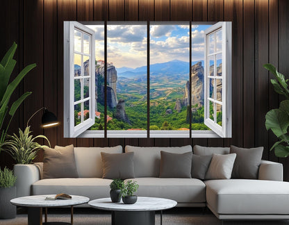 Greece Canvas Print – Open Window Wall Art of Meteora Monasteries | Ready to Hang Framed Canvas