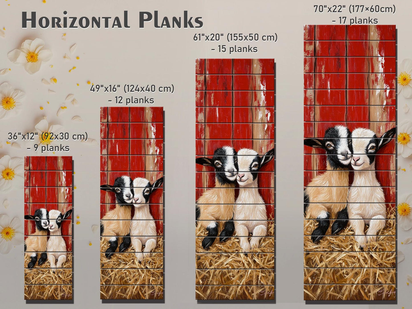 Rustic Wood Wall Art – Two Baby Goats Resting in Straw Next to Red Barn Wall, Farm Animal Print on Natural Linden Wood, Farmhouse Decor