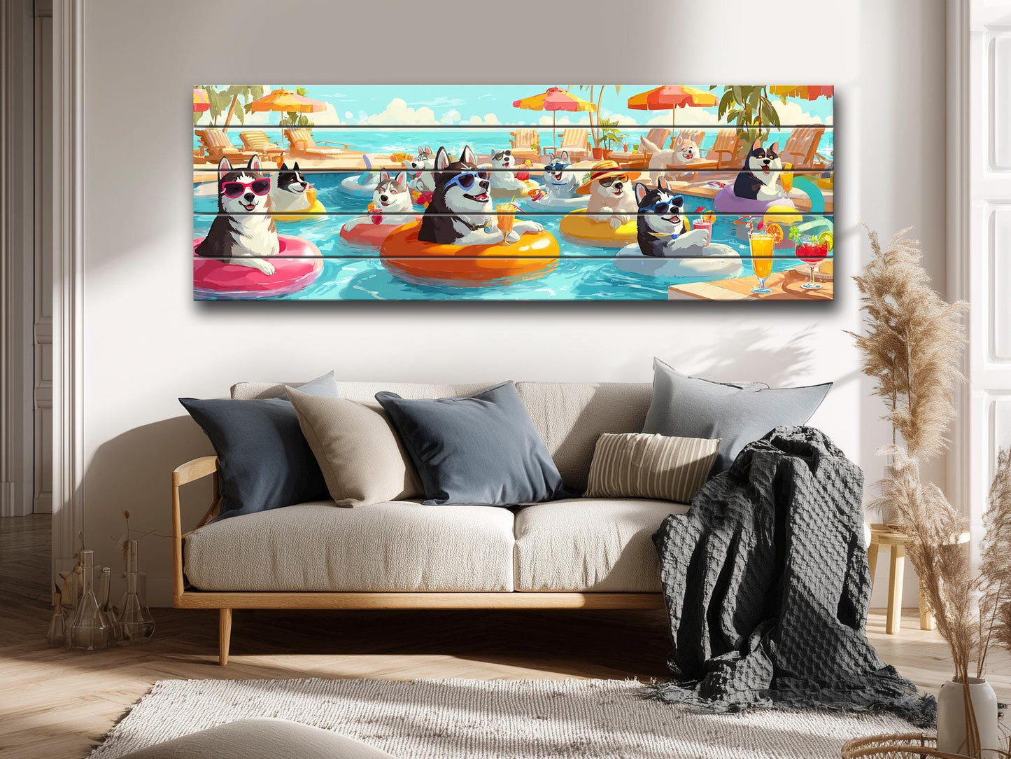 Funny Husky Wall Art – Playful Pool Party Print on Rustic Wood Decor