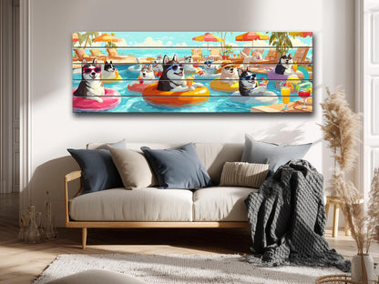 Funny Husky Wall Art – Playful Pool Party Print on Rustic Wood Decor
