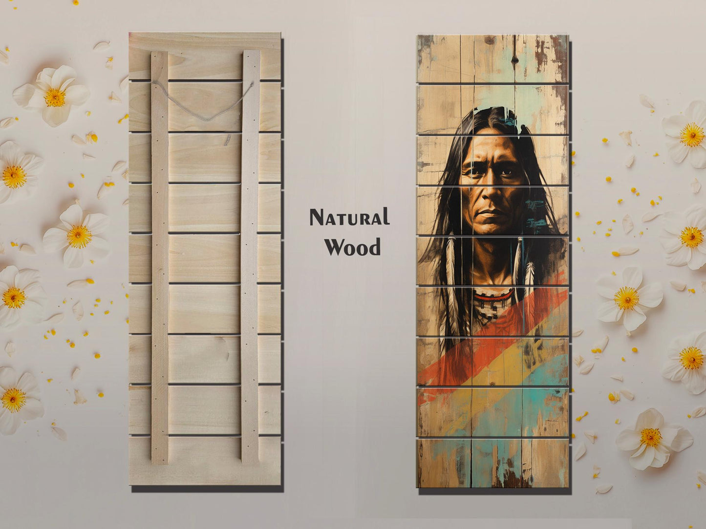 Native American Art Print – Tribal Wall Decor on Natural Wood Plank