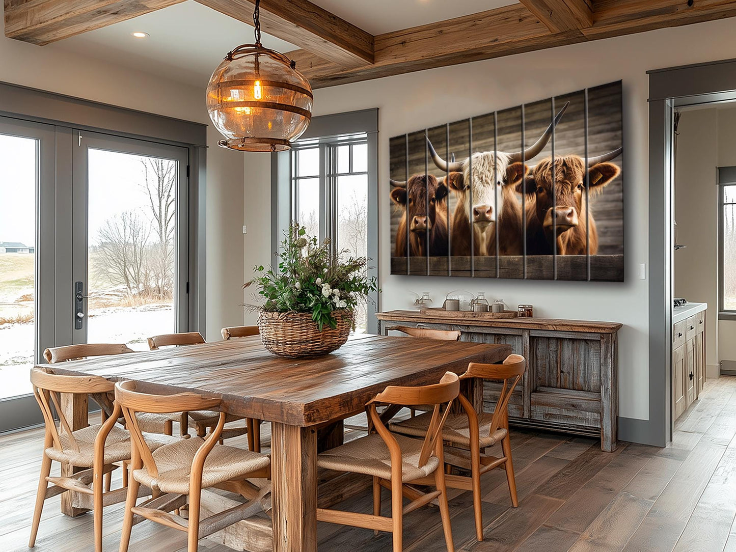 Rustic Wood Wall Art – Highland Cows Painting on Natural Wood Planks | Farmhouse Wall Decor
