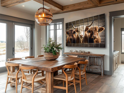Rustic Wood Wall Art – Highland Cows Painting on Natural Wood Planks | Farmhouse Wall Decor