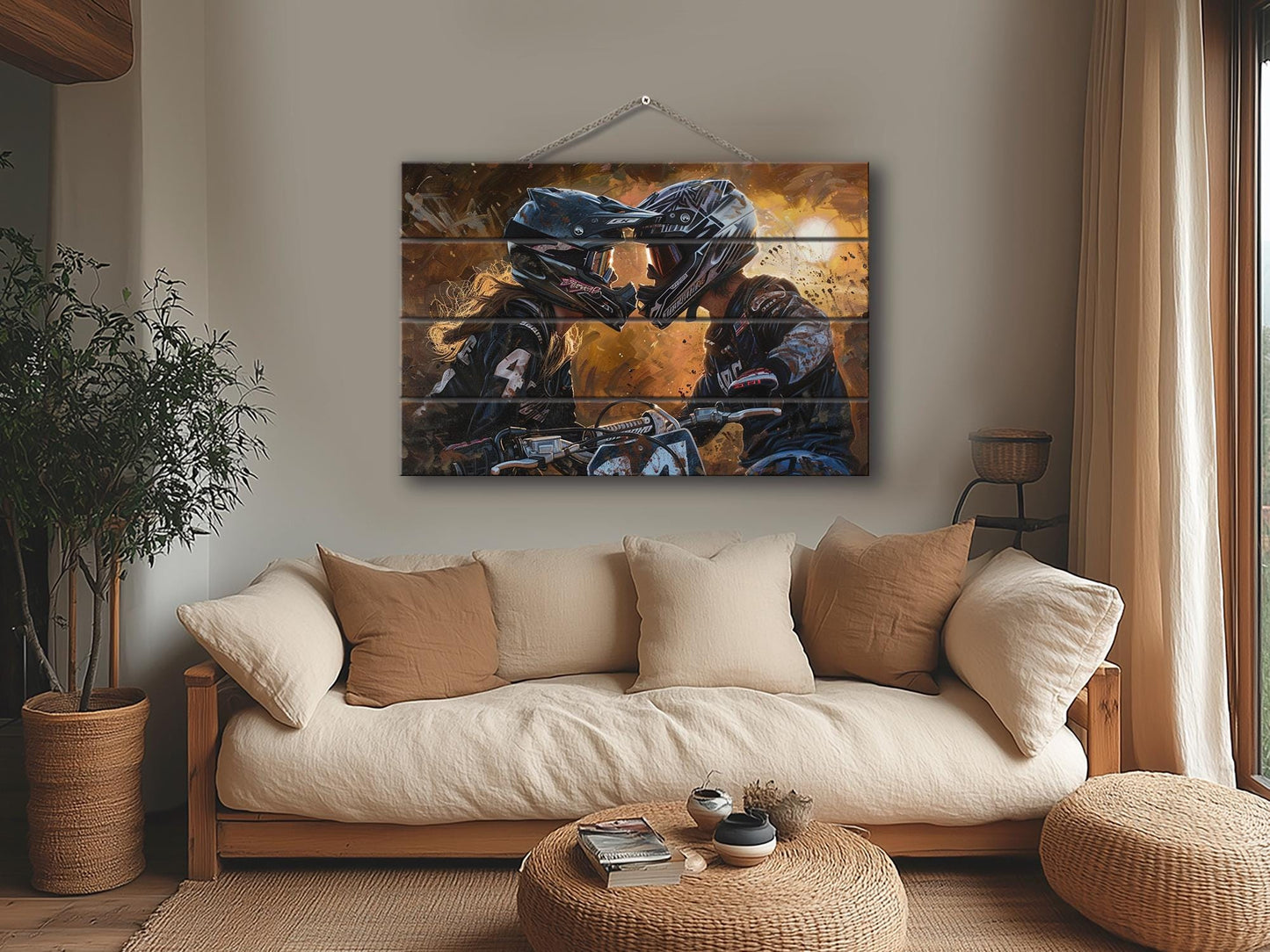 Motocross Wood Art - Couple Bikers Kissing Print on Natural Wood Plank