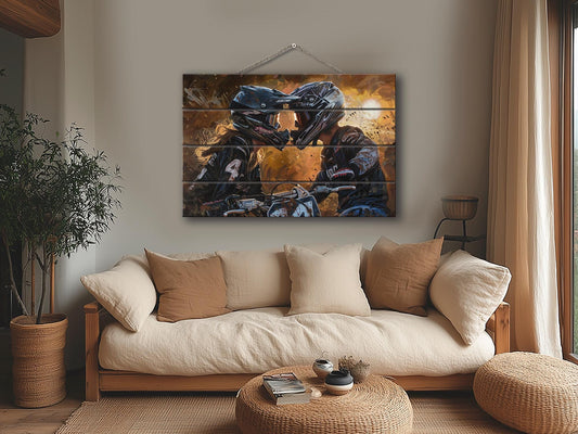 Motocross Wood Art - Couple Bikers Kissing Print on Natural Wood Plank