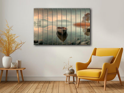 Boat on Misty Lake Print on Wood, Serene Nature Landscape, Rustic Mountain Wall Art