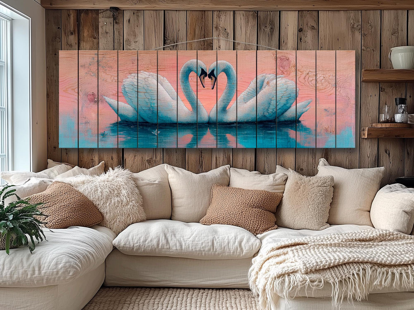 Swans Couple Forming a Heart at Sunrise Print on Natural Wood, Romantic Wall Art, Rustic Swans Painting, Swans Wall Art, Wood Wall Art
