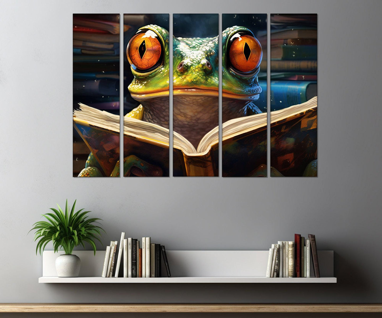 Frog Reading Book Abstract Painting Canvas Print, Kids Room Decor, Nursery Wall Art, Framed and Ready to Hang