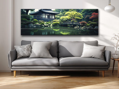 Japanese Wooden Wall Art – House by Pond Print on Natural Wood Panel