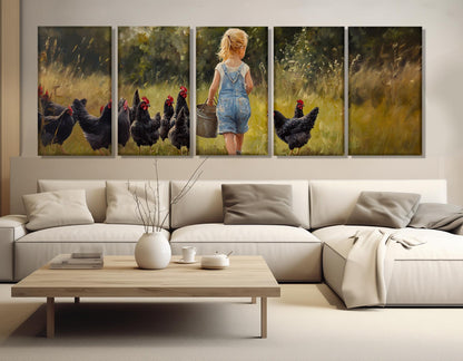 Farmhouse Wall Decor – Girl Feeding Chicken Rustic Wall Art Canvas Print, Ready to Hang