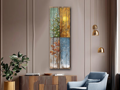 Rustic Wood Wall Art – Four Seasons Artwork on Natural Wood Planks | Cozy Living Room Decor