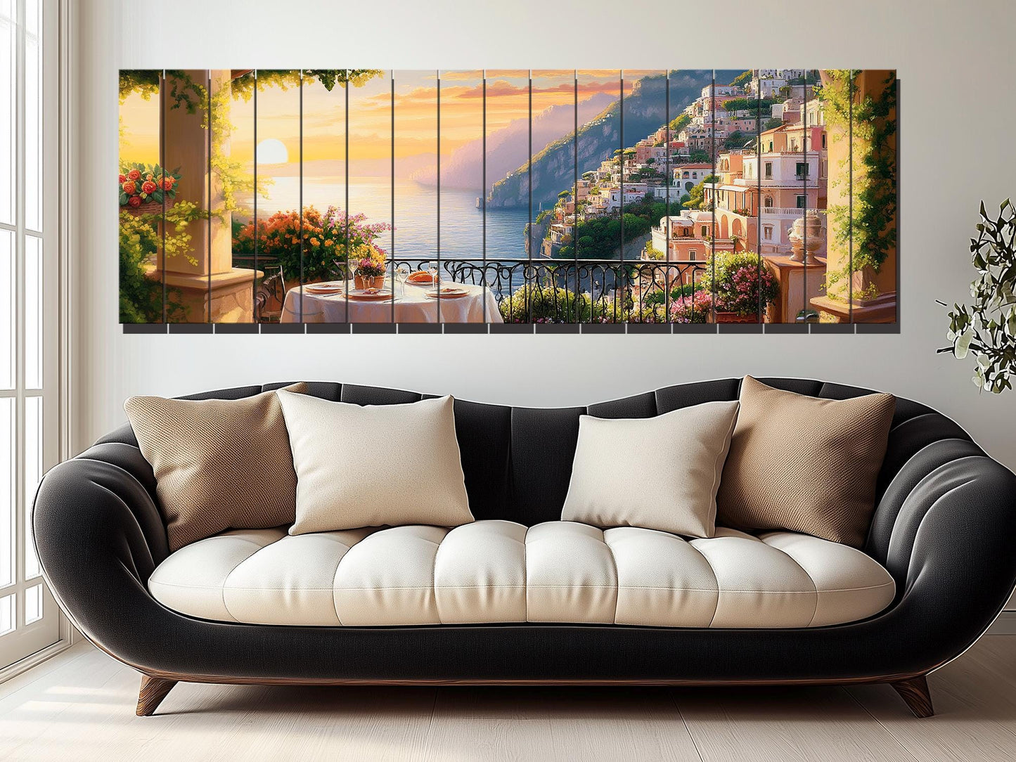 Amalfi Coast Wall Art – Panoramic Italian Landscape Wood Print on Wood with Rustic Texture