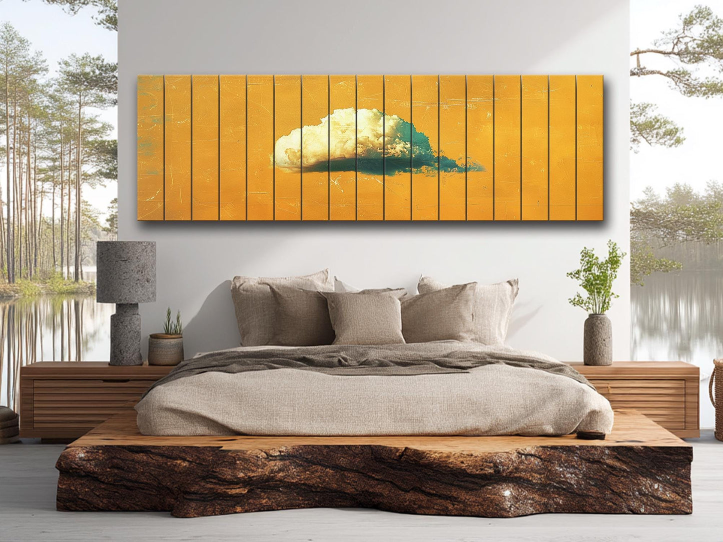 Natural Wood Wall Art - Canary Yellow Retro Print on Rustic Wood Planks